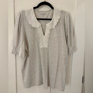 LOFT Light Gray sweater eyelet collar trim pleated sleeves XL